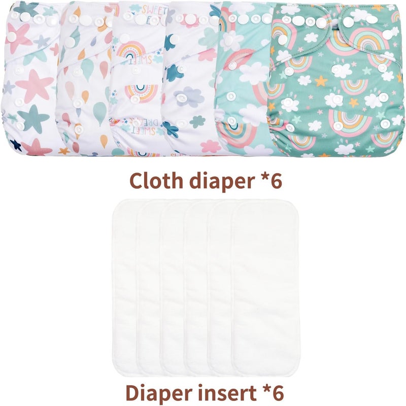 CoolaPeach 12 Set Reusable Adjustable Cloth Diapers for Newborn to 0-3 Years,One Size Washable Pocket Nappy Covers for Baby Girl and Boy,6 Pack Cloth Diapers+6pcs Microfiber Inserts(Green 2) - Image 2
